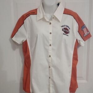Harley-Davidson White and Orange Button Down Shirt with Logo